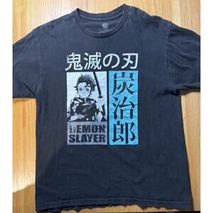 DEMON SLAYER TANJIRO KAMADO ANIME BLACK T-SHIRT SIZE LARGE - FRONT & BACK PRINT